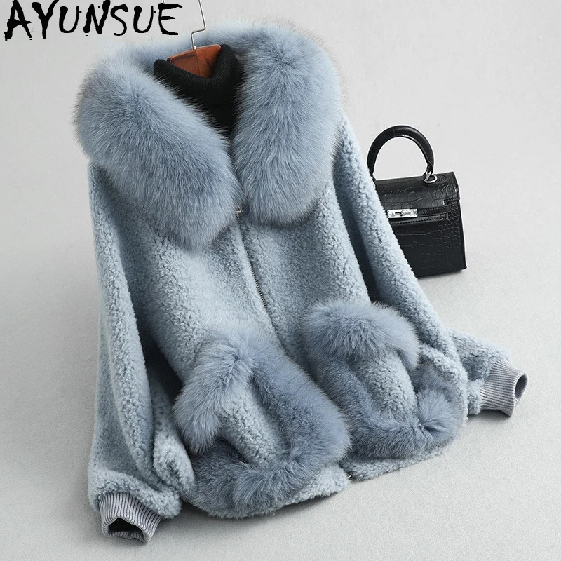 

AYUNSUE Real Fur Coat Female Fox Fur Collar 100% Wool Coats 2019 Autumn Winter Jacket Women Korean Outwear Chaqueta Mujer MY3643