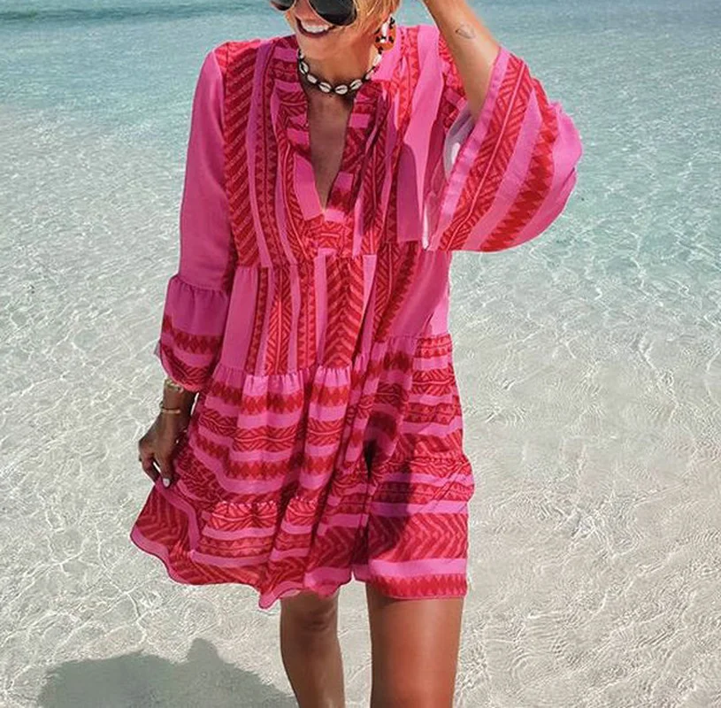Женские пляжные платья Полосатый Принт Сарафан Boho женские оборки свободные