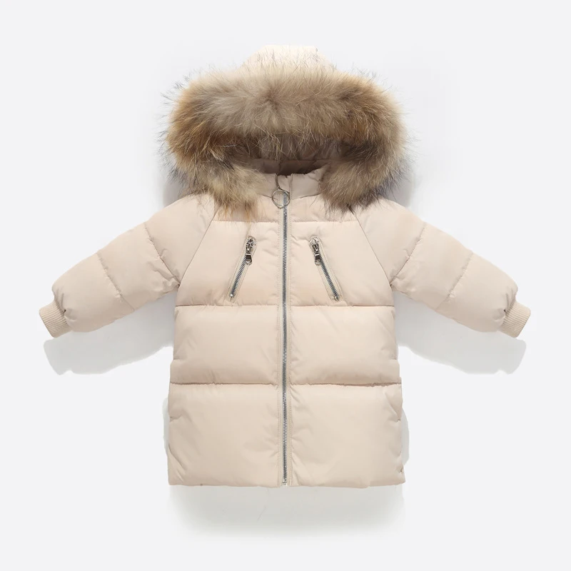 Детская одежда коллекция года, зимняя куртка для девочек, теплые длинные пуховые пальто с меховым воротником и капюшоном для мальчиков, куртки для 2, 3, 4, 5, 6, 7, 8 лет - Цвет: Бежевый