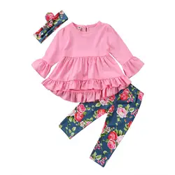 Новый стиль; одежда для маленьких девочек; топ с длинными рукавами и цветочным принтом; блузка; штаны; леггинсы; головной убор; комплект