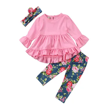 

New Style Toddler Baby Girls Clothes Long Sleeve Flower Top Blouse Pants Leggings Headdress 3pcs Outfits Clothes Set