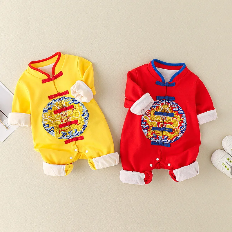 

High-Quality Embroidered Baby Romper Chinese Style Retro Buckle Newborn Jumpsuit Traditional Dragon New Year Red Tang Suit