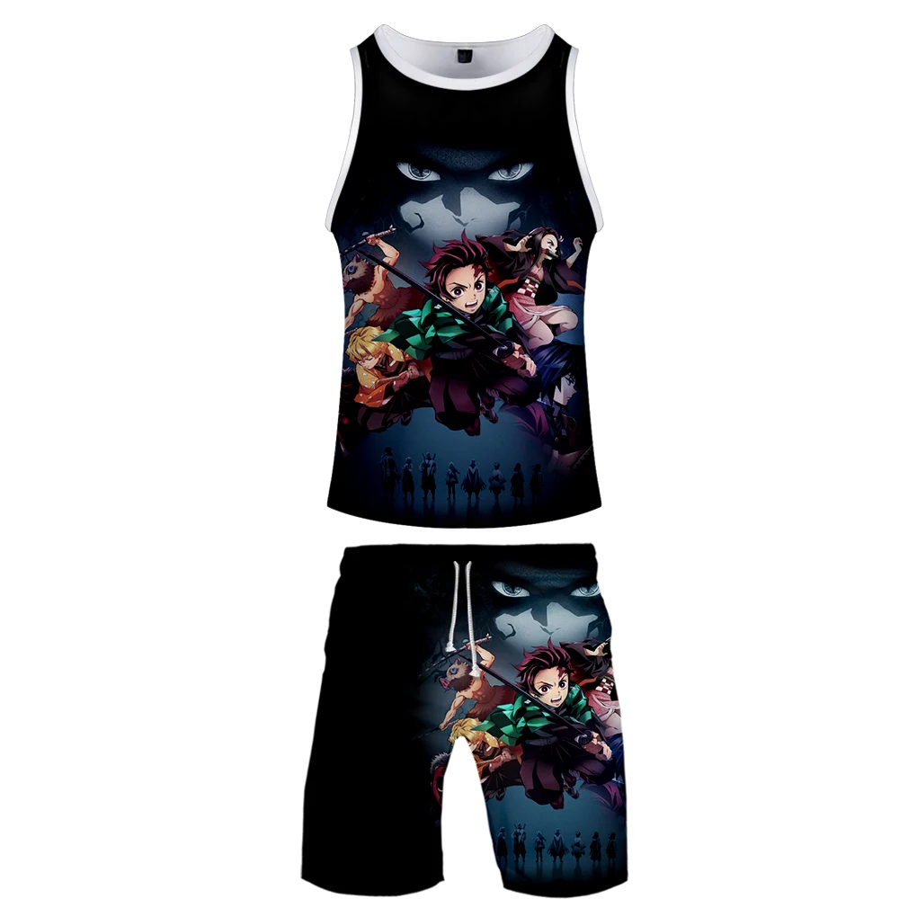 Demon Slayer, комплект из двух предметов, майка и шорты, Harajuku, мужская майка с Demon Slayer, уличная баскетбольная майка без рукавов, спортивная одежда - Цвет: Тёмно-синий