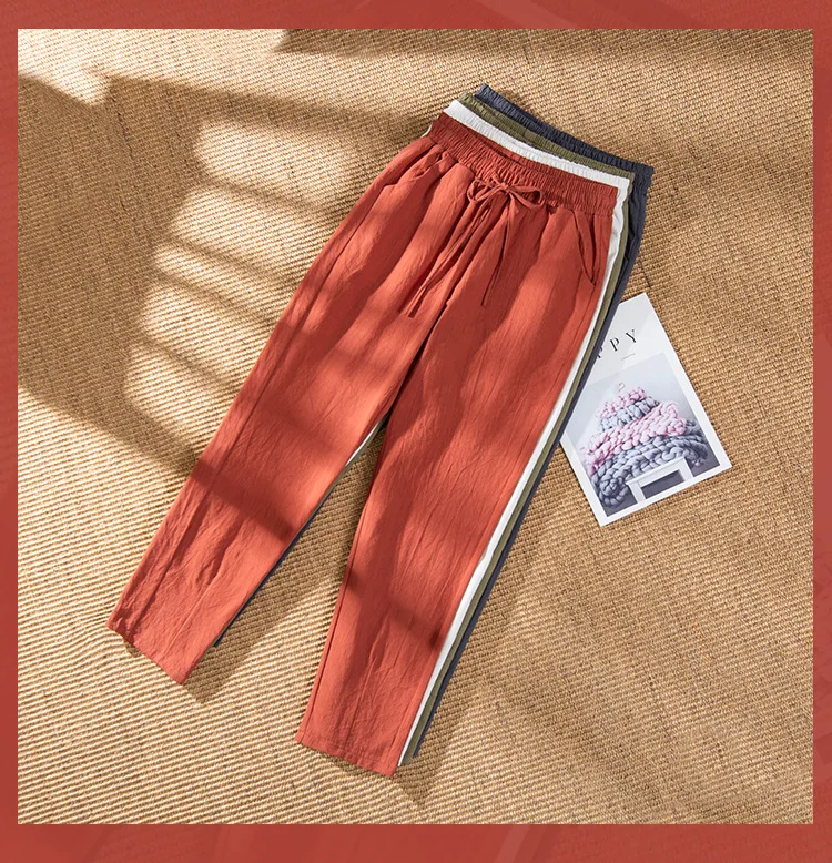 Women Pants Spring Autumn Ankle Length Casual Straight Pencil Solid Elastic Waist Harem Girls Pants Thin Cotton Linen Trousers_ecoleips.com