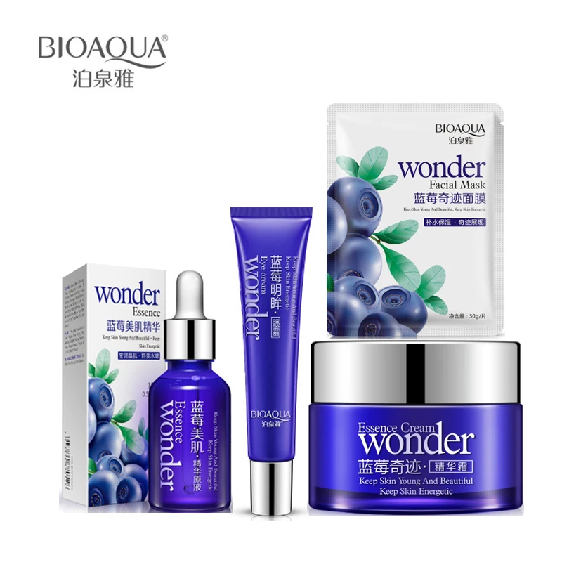 

BIOAQUA 4 PCS Face Set Miracle Blueberry Beauty Set Hydrating Essence Face Cream +Eye cream+Face Mask+Essence Faci Skin Care Set