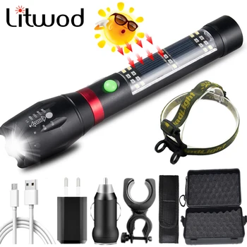 

Solar Eegergy Charging Led Flashlight Built in 18650 Battery XM-L T6 Torch Lantern for Camping Zoom Aluminum 7 Modes Waterproof