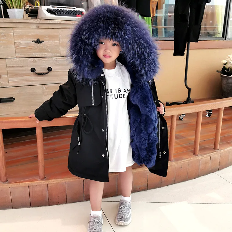 Baby Boys Girls Wadded Jackets Hooded Real Rex Rabbit Fur Collar Parkas Long Thicken Warm Winter Padded Coat Children Outerwear
