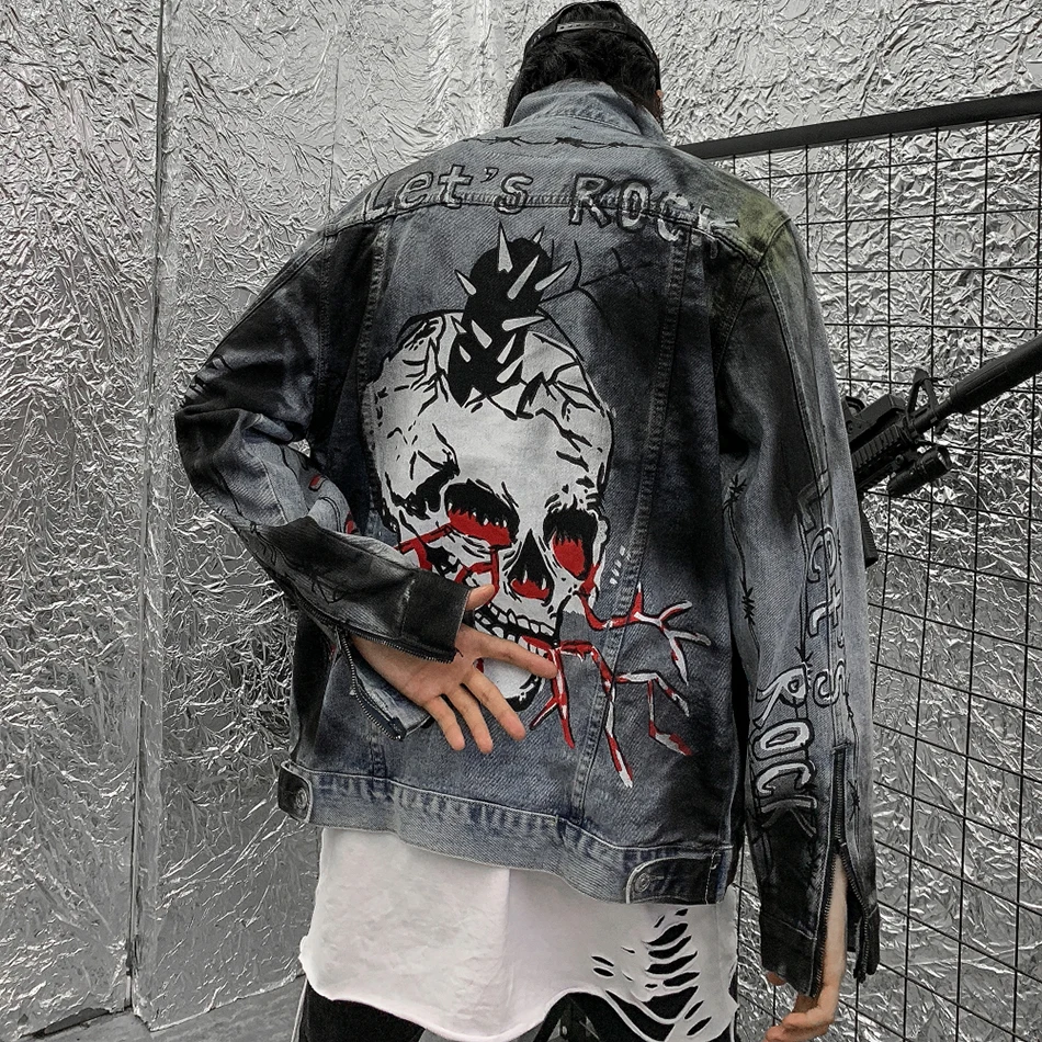 Мужские джинсовые куртки и пальто с принтом в виде черепа и галстука, Chaqueta, джинсы в винтажном стиле, Hombre, джинсовое пальто, уличная куртка-бомбер
