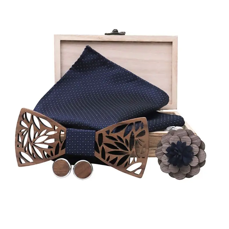  Wooden Bow Tie Handkerchief Set Men Women Hollow Wood Carved Floral Corsage Cufflinks Jewelry Gifts
