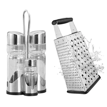 

WSFS Hot 4pcs Seasoning Tank Stainless Steel Glass Jar Oil Pot Set & 1pcs Cheese Stainless Steel Four-Sided Grater Non-Slip