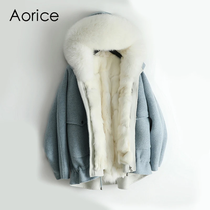 Aorice ZY18954 женское натуральное пальто из шерстяной ткани леди кроличий мех подкладка лисий мех воротник досуг осень/зима шерсть длинная верхняя одежда