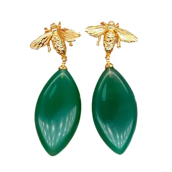 

1.5'' Green Agate 18 K Gold Color Beetle Stud Earrings