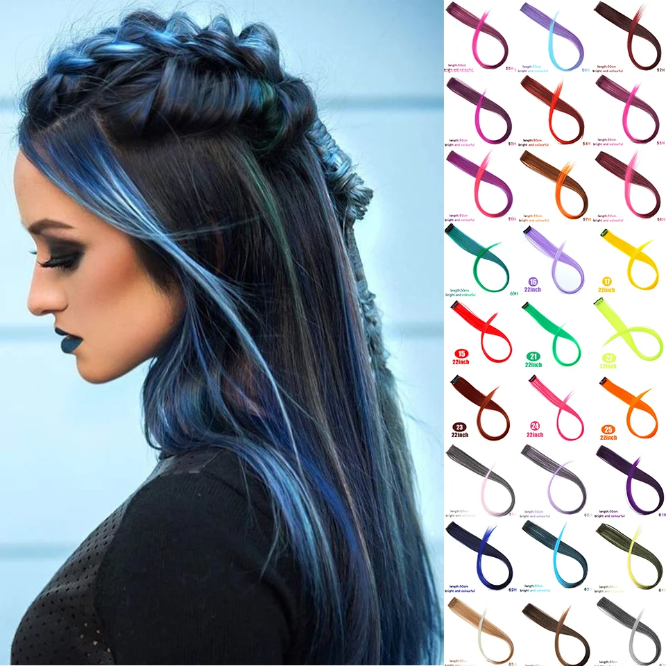 Радужная полоска для волос, фиолетовый, голубой, розовый, синтетические волосы, пряди на заколке, шиньон, 38 цветов, искусственные аксессуары для волос