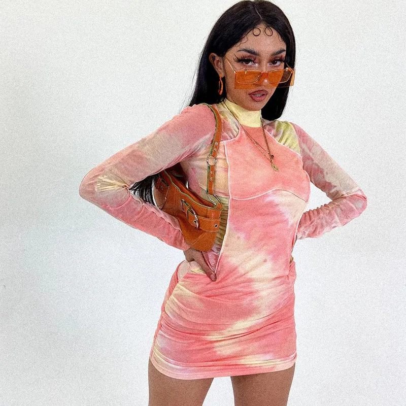 

Tie Dye Mesh Pink Bodycon Mini Dresses Women Long Sleeve 2020 Autumn Winter Partywear Skinny Club Dress Ruched Sexy Hot
