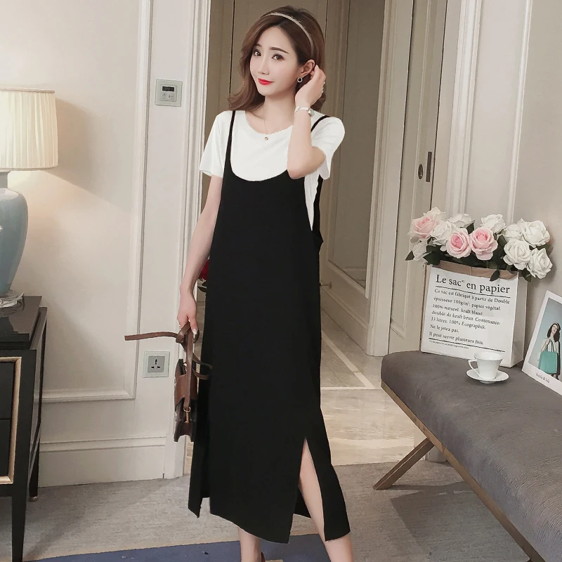 Black 1927# 2PCS/Set Summer Korean Fashion Maternity Long Dress Sexy Sweet Side Splits Sling Dress for Pregnant Women Pregnancy Shirt - Color: Black