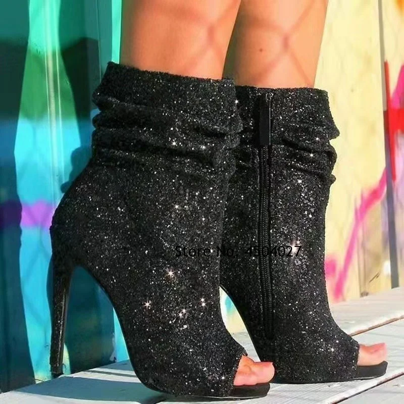 

Black White Bling Bling Sequined Ankle Booties Open Toe Stiletto Heels Glitter Dress Pumps Shining Banquet Shoes