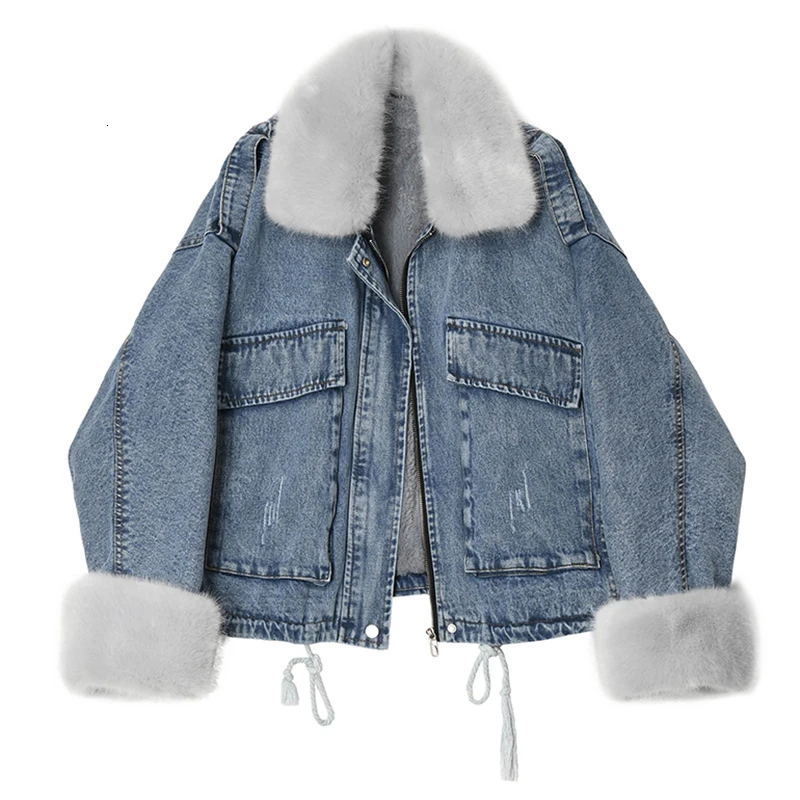 [EAM] Loose Fit Fur Split Denim Big Size Jacket New Lapel Long Sleeve Women Coat Fashion Tide Autumn Winter 19A-a104 - Цвет: blue