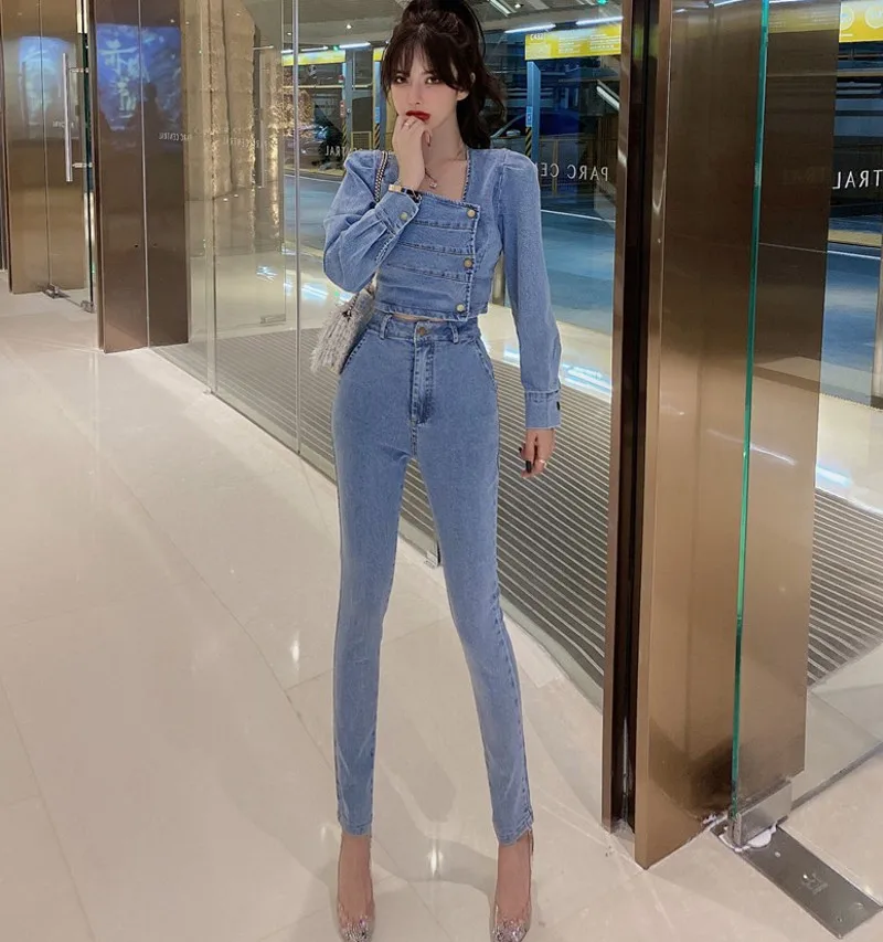 womens suit set 2021 spring autumn women's fashion long sleeve  Denim  tops +pants suits female vintage denim two piece sets matching workout sets