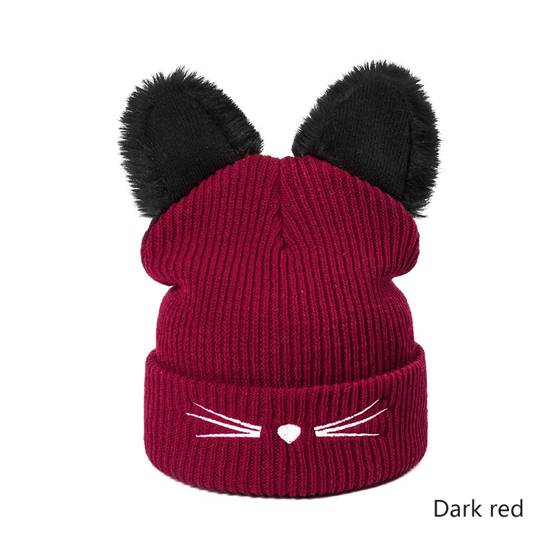 Dark Red Новая зимняя Шапки для Bonnet, шерстяной шапка милые шапки свитер вязанный модный свитер из плотного головные уборы Skullies теплая наушники милый кот Для женщин - Цвет: Dark Red