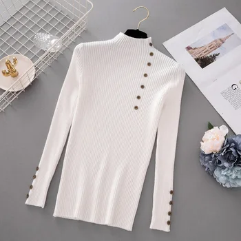

New Fashion Button Turtleneck Sweater Women Spring Autumn Solid Knitted Pullover Women Slim Soft Jumper Sweater Female Knit Tops