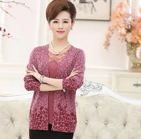 skin red Осень feminino blusa трико для женщин среднего возраста Женские Вязание размера плюс кардиган Топ женский длинные рукава, костюм-двойка из свитера и S253 - Цвет: skin red
