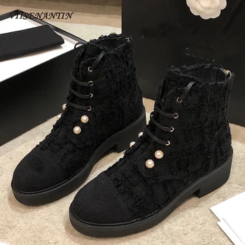 

Trendy Zapatos De Mujer Genuine Leather Ankle Zip Designer Boots Pearl Crystal Metal Decoration Mid Heel Brand Platform Shoes