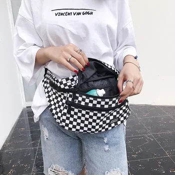 

Women Fanny Pack Large Capacity Waist Bag Black White Plaid Crossbody Chest Bags Luxury Brand Belt Bag Female Hip Banana Pocket