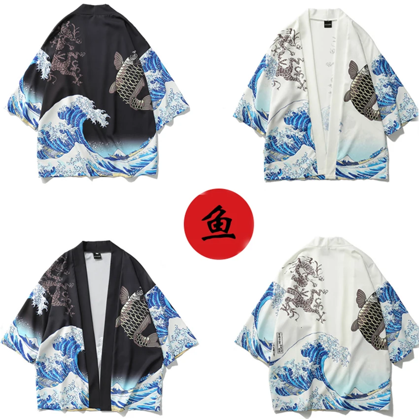 Samurai Wave Fish Print Japanese Style Asian Clothes Daily Kimono Yukata Unisex Harajuku Festival of Sakura Retro Haori Jacket