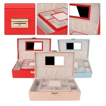 

Jewelry organizer Large Capacity PU Leather Jewelry Storage Box Earring Necklace Container Holder with Mirror for Wedding Gift