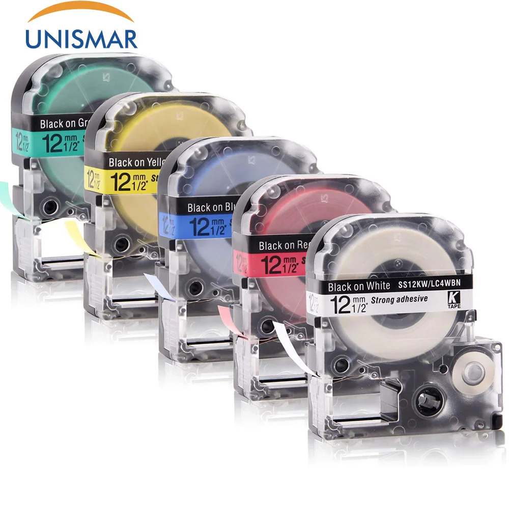 

Unismar 5PCS SS12KW SC12RW SC12YW SC12BW SC12GW Label Tape Cartridge for Epson LabelWorks LW-300 LW-400 LW-500 LW-600P LW-700