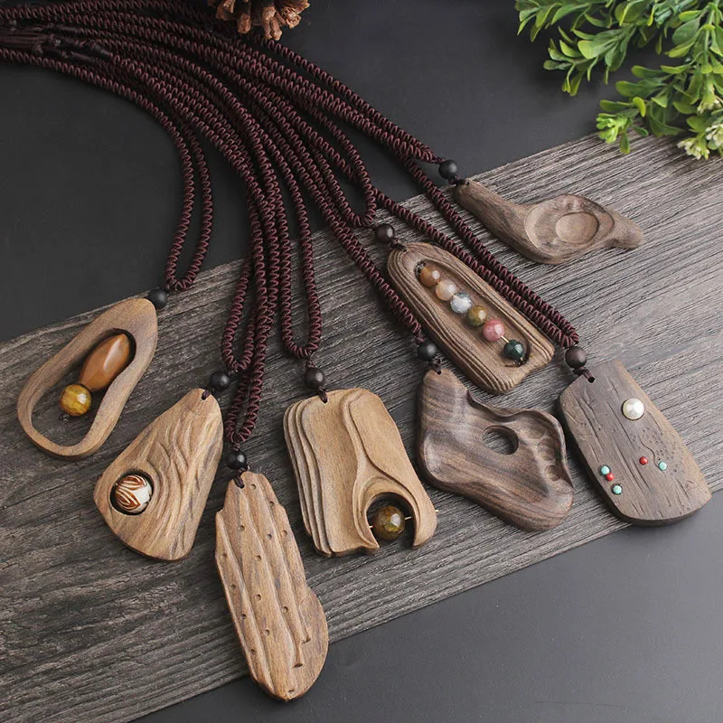

Handmade Wood Pendant Dress Vestage Sandalwood Natural Stone Pendant Necklace For Women Long Sweater Chain Adjustable Jewelry