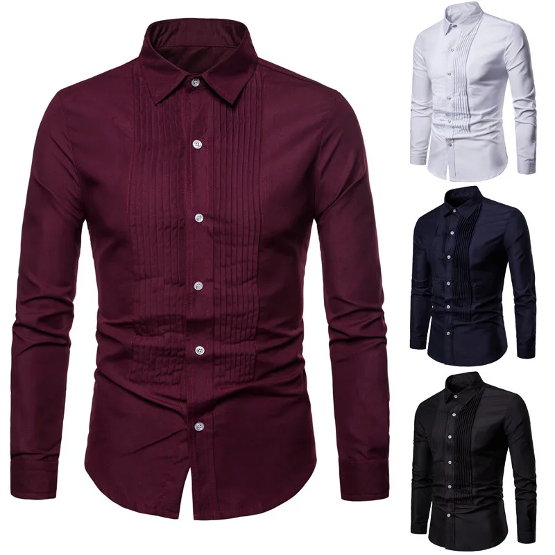 Fashion Streetwear Male Shirts Street Dress Slim Smart Casual Shirts Fold Solid British Style Men Hombre Autumn Youth MOOWNUC