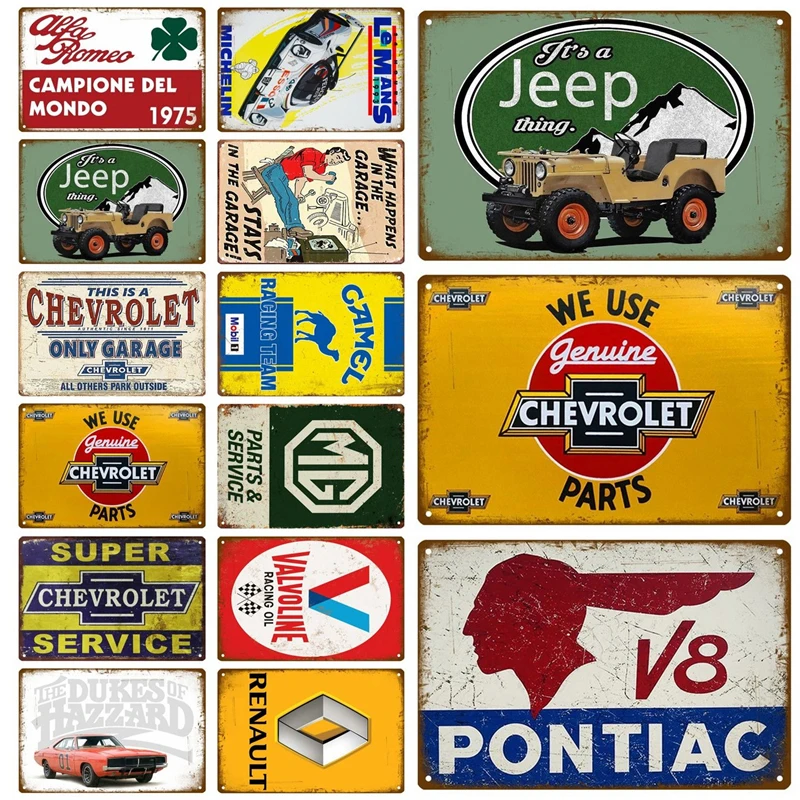 Retro Jeep Alfa Pontiac Part Metal Sign Garage Tin Plaque Wall Decor Vintage Poster Plates Man Cave Shabby Chic | Дом и сад