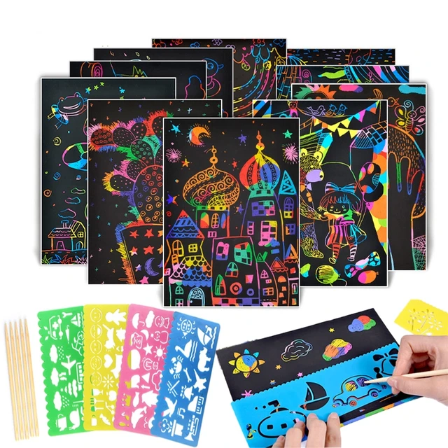 50 PCS Scratch Paper Art Set Rainbow Magic Scratch Paper for Kids Black  Scratch with 5 Wooden Stylus 4PCS Drawing Stencils - AliExpress