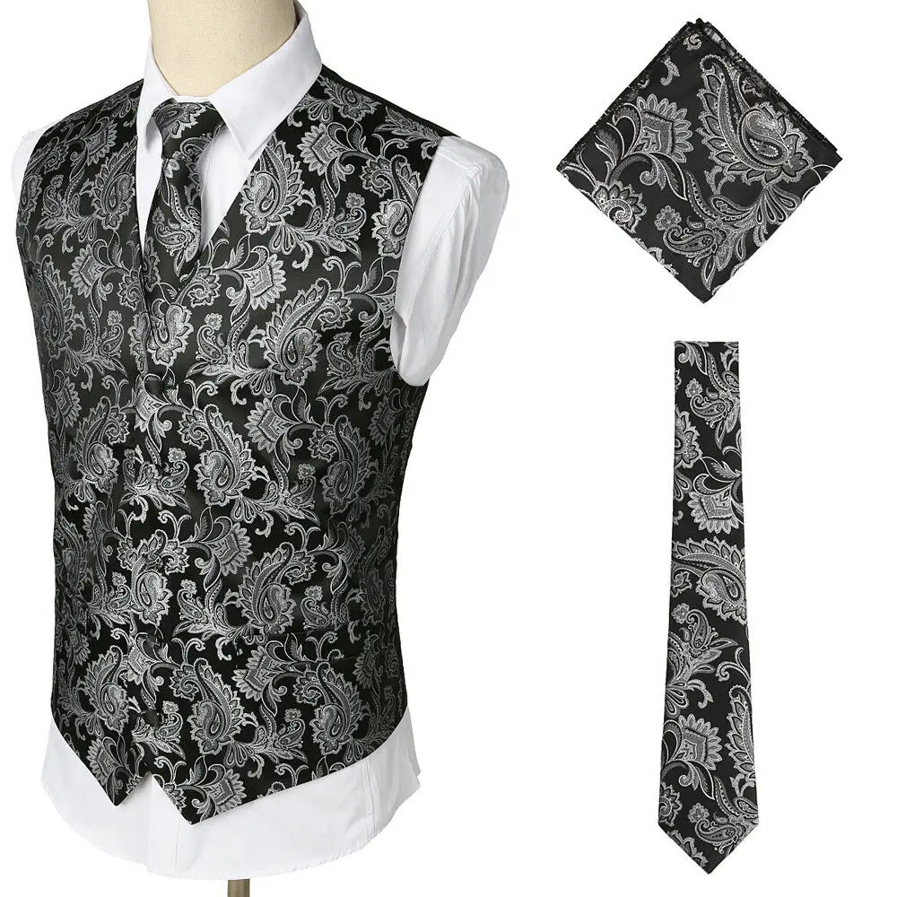 Серебристый Hot Mens Black Waistcoats Slim Fit Men 3pcs Vest+Necktie+Handkerchief Set Paisley Jacquard Tuxedo Suit Vest For Party Wedding - Цвет: Серебристый