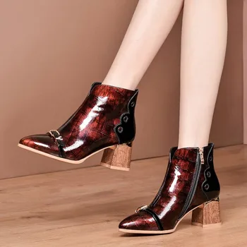 

MLJUESE 2020 women ankle boots cow leather winter short plush zippers pointed toe green color high heels female boots size 34-42