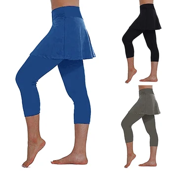 

Women Large Size Yoga Trousers High Waist Tummy Control Sports Cropped Pants Skirt Fake Two-Piece Stretch Pants