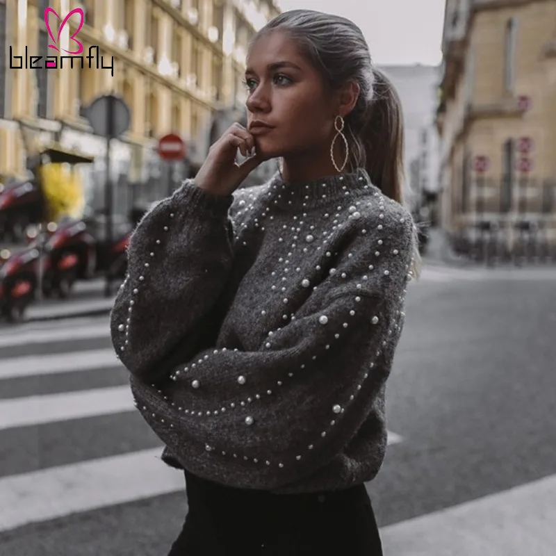 

2019 Autumn Winter Women Sweaters And Pullovers Bead Lantern Sleeve Knitted Sweater Pullover Female Grey Slim Jumpers