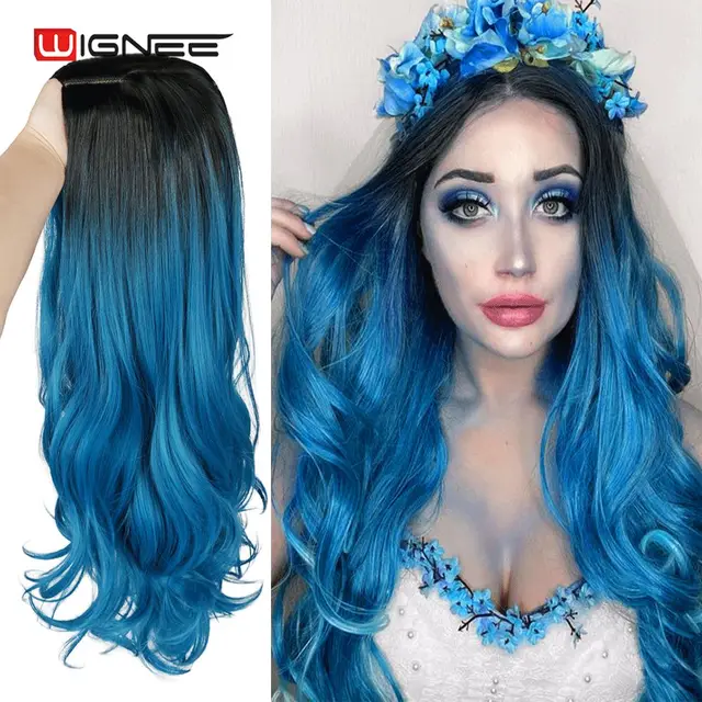 WIGNEE Bluish Light Blue Wig Synthetic Ombre Long Wavy Body Wave Side Part Heat Resistant Natural Hair Wigs For Women Cosplay Ombre Blue