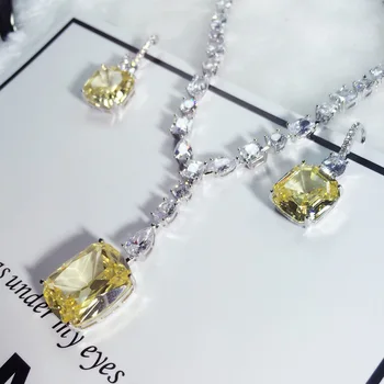

Women Yellow color cubic zircon color stone geometric Earrings and necklaces silver color jewelry sets for ladies wedding party
