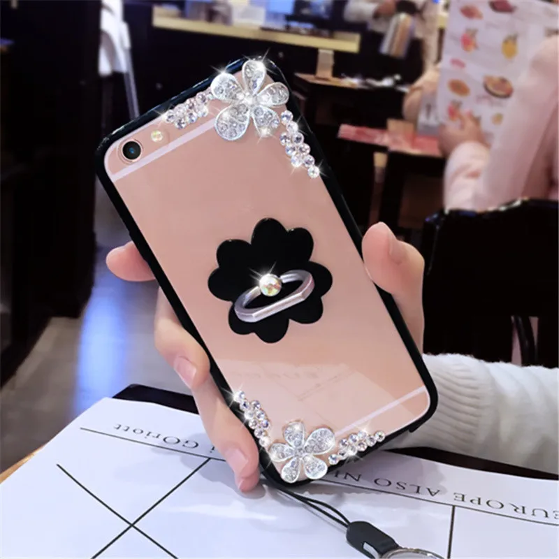 Модный блестящий чехол для телефона со стразами и кольцом держателем iphone 5S X 6 6S 7 8