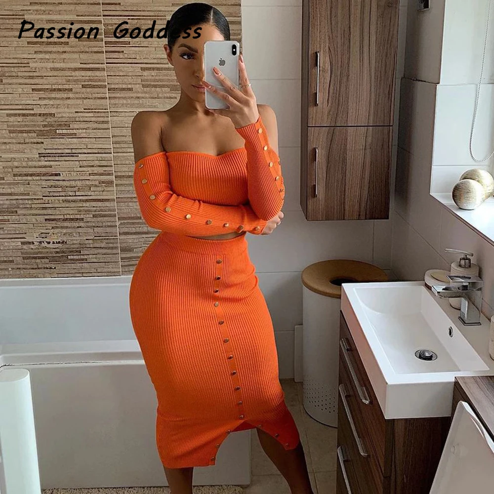 

Elegant Women 2 Piece Skirts Set Off Shoulder Long Sleeve Button Shirts High Waist Button Package Hip Mid Skirts Two Piece Suits