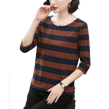 

New 2020 Spring Autumn T-shirt Middle-aged Women's Seven points Sleeve Tee Shirts Crew Neck Stripe Casual Tops Primer Shirt 4XL