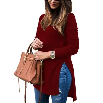 

Oufisun 2020 Autumn Winter Fashion V-neck Long Sleeve Pullover Tops Solid Loose Casual Knitted Sweater Ladies Sweaters Plus Size