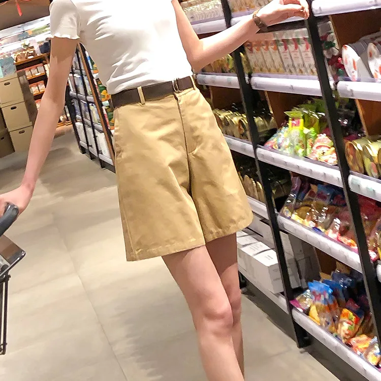 khaki Корейские модные повседневные летние шорты женские свободные широкие брюки Pantalon Femme пояс зеленые белые шорты с высокой талией женские s-xxl - Цвет: khaki