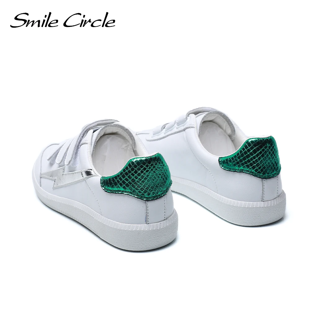 Smile Circle/весенние белые кроссовки Женская кожаная обувь на плоской платформе с