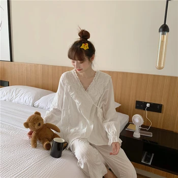 

Ladies pajamas palace lace cotton pajamas comfortable and casual two-piece Homewear Give away headband JJF0023
