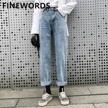 

FINEWORDS Korean Chic Vintage Washed Blue Jeans Women 2020 Straight High Waist Jeans Mujer Loose Plus Size Casual Denim Pants