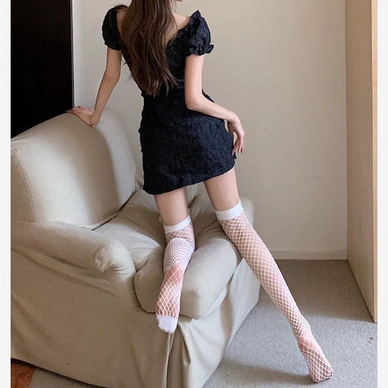 2 Paia Di Calze Alte Al Ginocchio In Pizzo E Rete Lolita | Calzini Pescatrice Con Fiocco | Accessorio Gotico Per Cosplay - 3