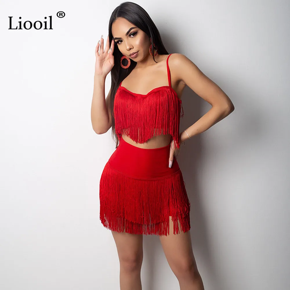 Liooil Белый Красный кисточкой 2 шт набор Bodycon мини платье женское сексуальное Клубная одежда без рукавов с открытой спиной спагетти ночной клуб короткое платье